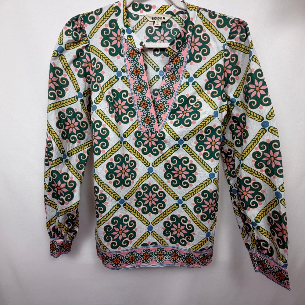 Boden T1837 Womens US 0 Green Pink Floral Tile Print Cotton Split V-Neck Tunic